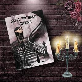 Tarjeta Cute Gothic Girl With Her Black Cat Birthday Card
