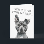 Tarjeta Cute Gray Dog Funny Feliz cumpleaños<br><div class="desc">Este es un retrato de un bulldog de foso gris con blanco en el pecho. Tiene una oreja de pie. Él tiene una mirada real en su cara. Está en un lado voluminoso y tiene una cara grande y muscular. Se dibujó con lápiz y después se coloreó digitalmente con pastel....</div>