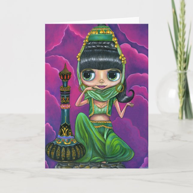 Tarjeta Cute Green Genie Chica Big Eyes Doll Magic Botella (Anverso)