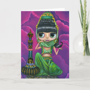 Tarjeta Cute Green Genie Chica Big Eyes Doll Magic Botella