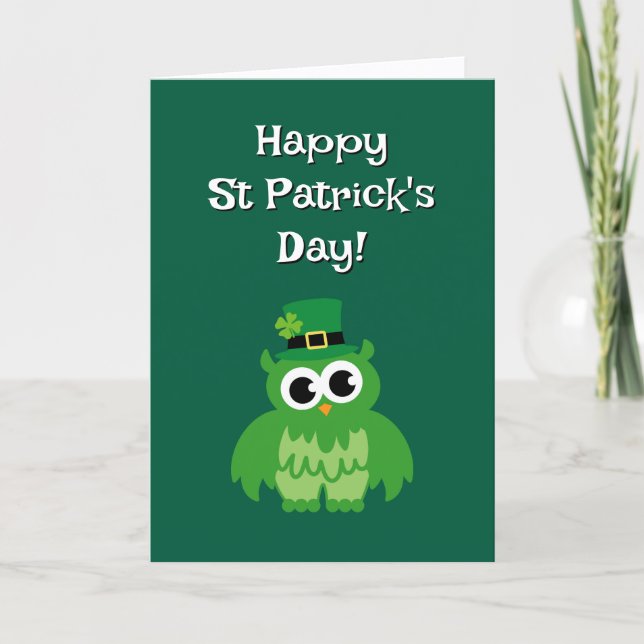 Tarjeta Cute green leprechaun owl bird St Patricks Day (Anverso)