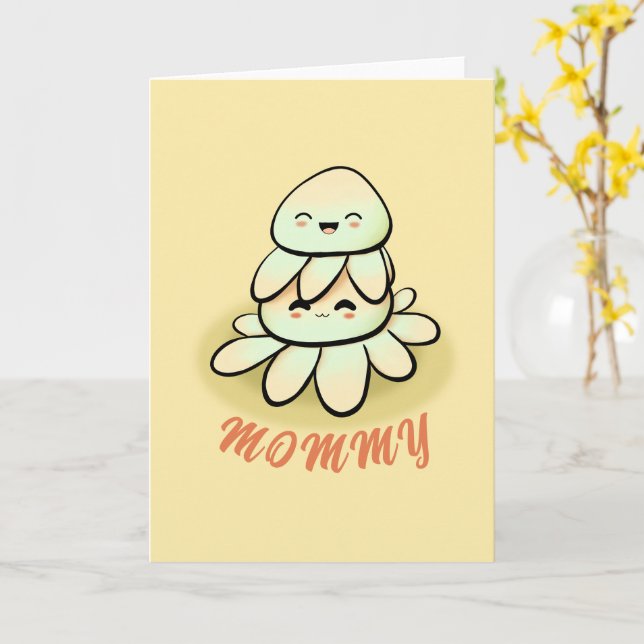 Tarjeta cute green octopus mother Card (flor amarilla)