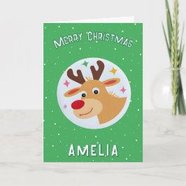 Tarjeta Cute Green Reindeer Kid`s Name Merry Christmas