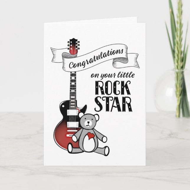Tarjeta Cute Guitar Teddy Rockstar Rock Roll Baby Shower C (Anverso)