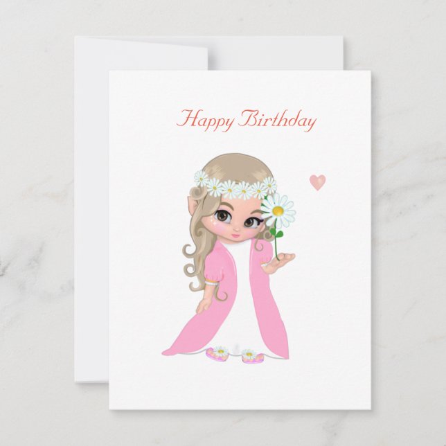 Tarjeta Cute Hada en Cumpleaños Blanco (Anverso)