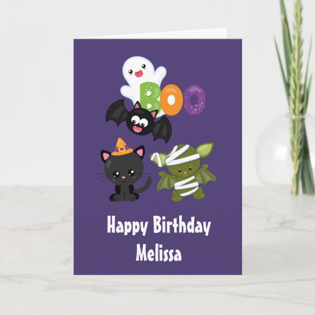 Tarjeta Cute Halloween Cat, Bat, Mummy & Ghost (Anverso)