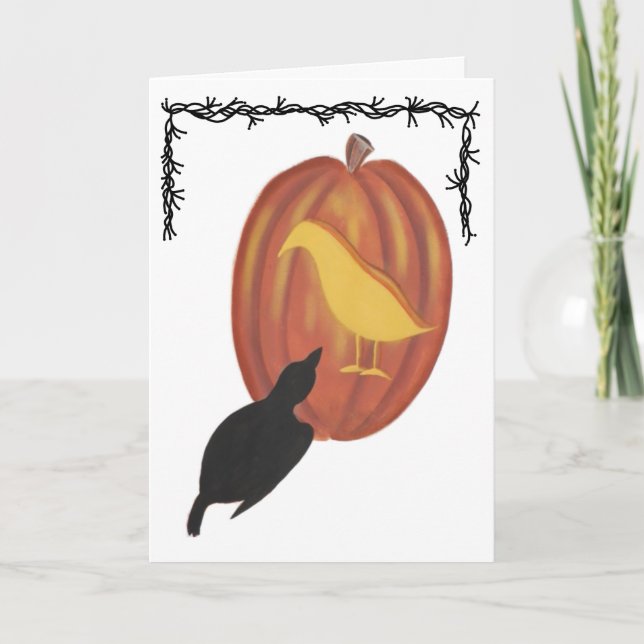 Tarjeta Cute Halloween Jack O'Lantern y Crow (Anverso)