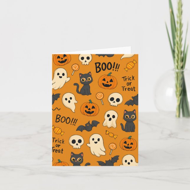 Tarjeta Cute Halloween Pattern with Ghosts, Pumpkins, Cats (Anverso)