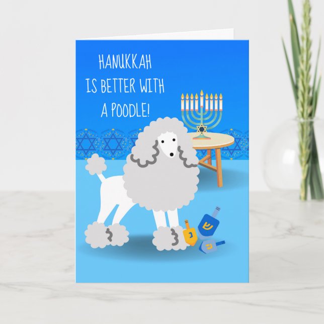 Tarjeta Cute Hanukkah con Poodle y Menorah (Anverso)