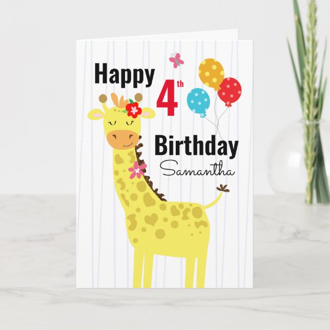Tarjeta Cute Happy Birthday Giraffe Nombre personalizado (Anverso)