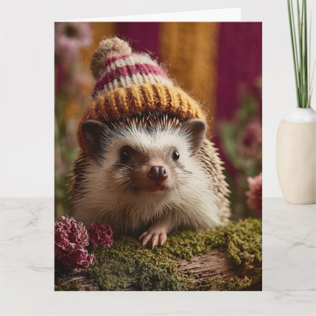 Tarjeta Cute Hedgehog con un Gorra de invierno a rayas (Anverso)