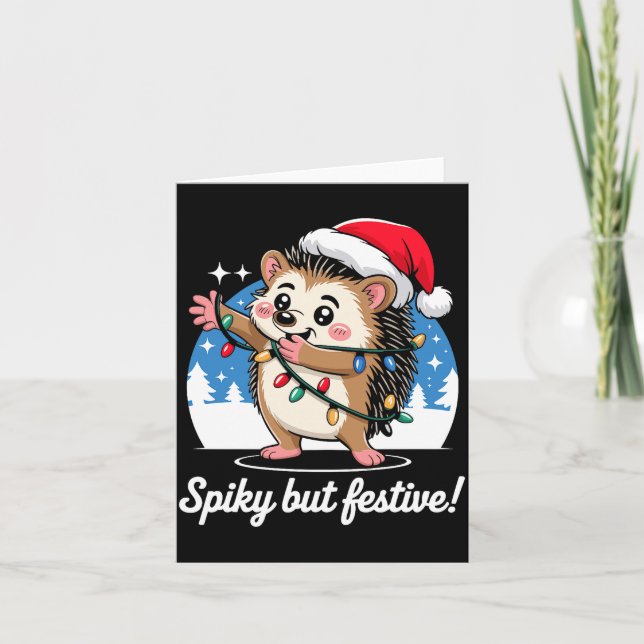 Tarjeta Cute Hedgehog With Santa Hat Christmas Lights Wint (Anverso)