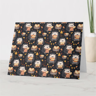 Tarjeta Cute Hedgehogs con pan y hojas de otoño