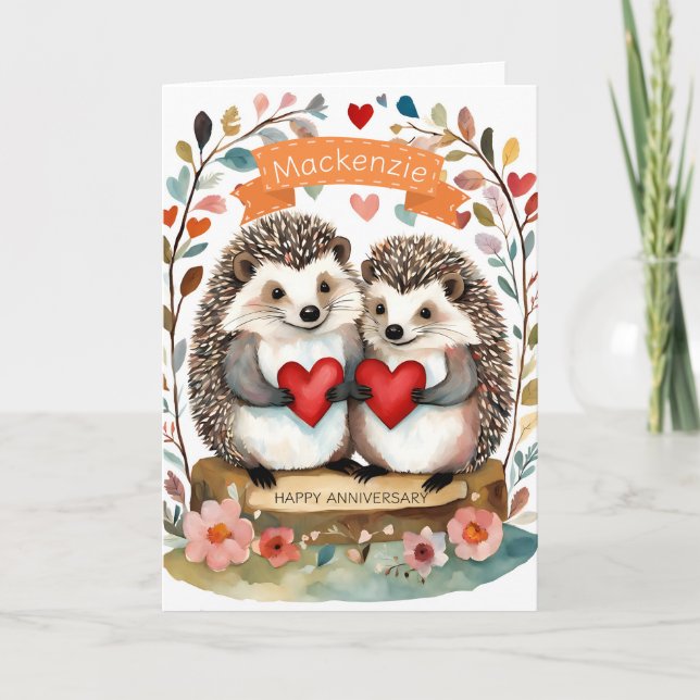 Tarjeta Cute Hedgehogs Hedgehugs Aniversario Personalizado (Anverso)