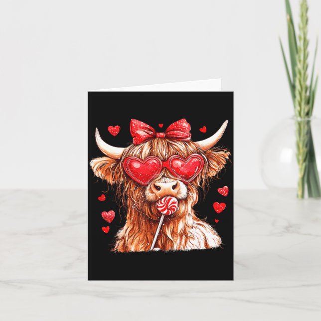 Tarjeta Cute Highland Cow Candy Cane Heart Valentines Day  (Anverso)