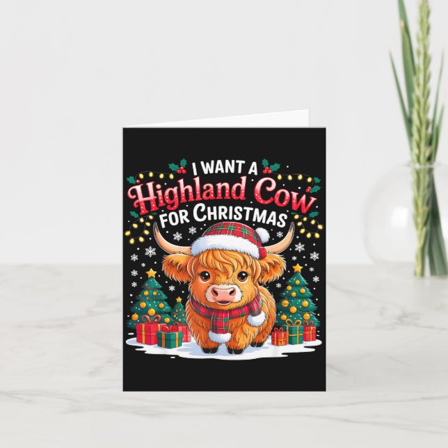 Tarjeta Cute Highland Cow Christmas Funny Santa Lights Hol (Anverso)