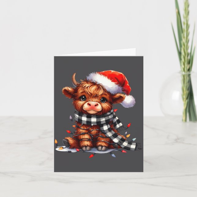 Tarjeta Cute Highland Cow Christmas Lights Santa Hat Winte (Anverso)