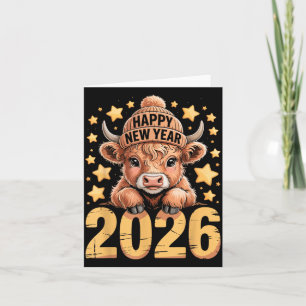 Tarjeta Cute Highland Cow Feliz Año Nuevo 2026 Tee Diverti