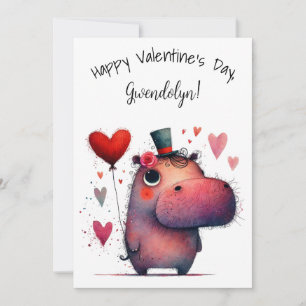 Tarjeta Cute Hipopótamo Caprichoso Día de San Valentín Pla