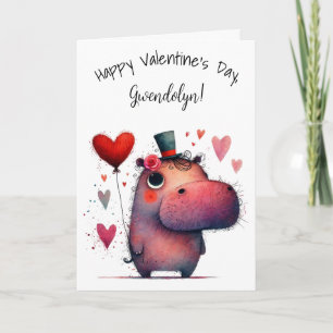 Tarjeta Cute Hipopótamo Caprichoso Feliz Día de San Valent
