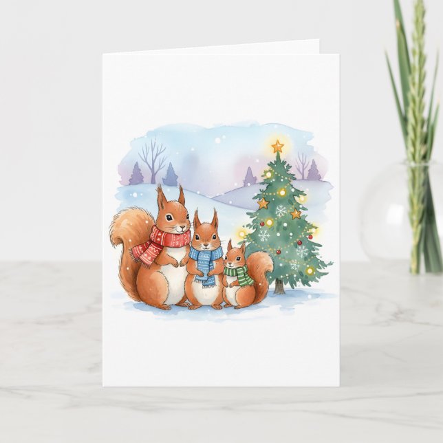 Tarjeta Cute Holiday Watercolor Squirrel Family Christmas (Anverso)