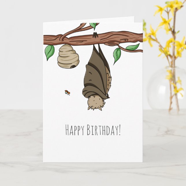 Tarjeta Cute Illustrated Bat Sleeping Happy Birthday (flor amarilla)