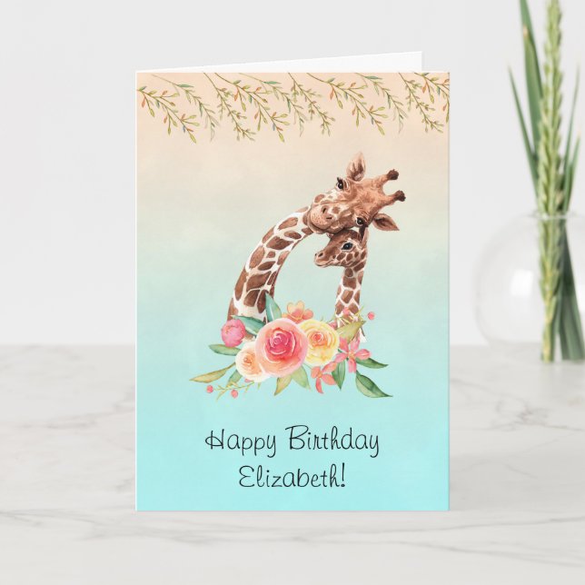 Tarjeta Cute jirafa acuarela mamá y bebé cumpleaños (Anverso)