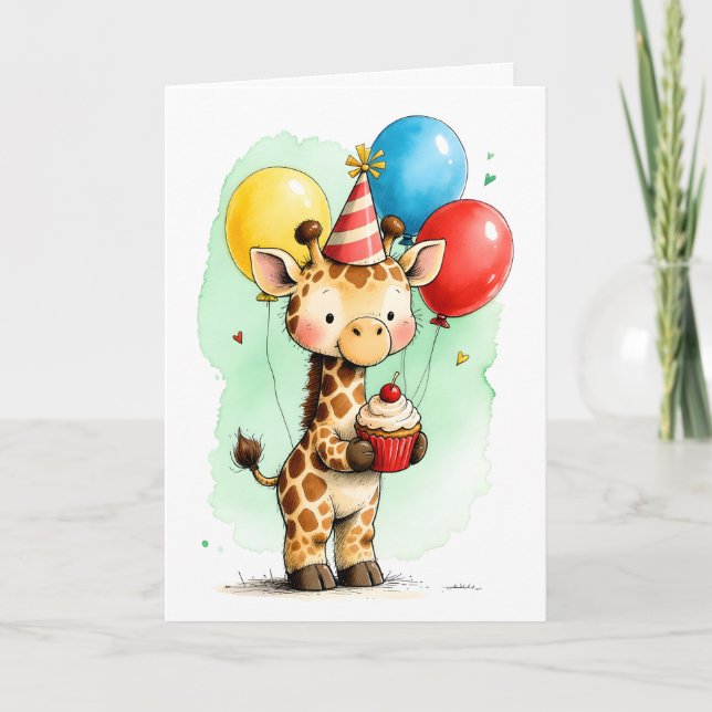 Tarjeta Cute Jirafa con Cupcake Feliz Cumpleaños Infantil (Anverso)