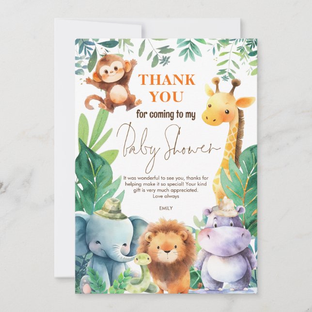 Tarjeta Cute Jungle Animals Baby Shower Gracias (Anverso)