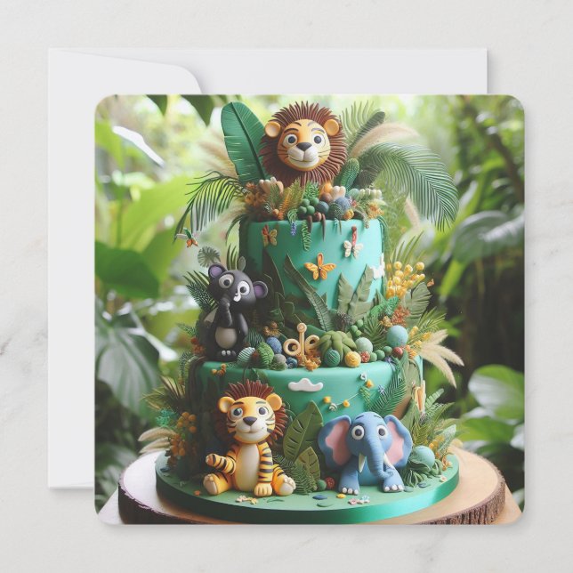 TARJETA CUTE JUNGLE TEMÁTICO NIÑOS CUMPLEAÑOS CAKE (Anverso)