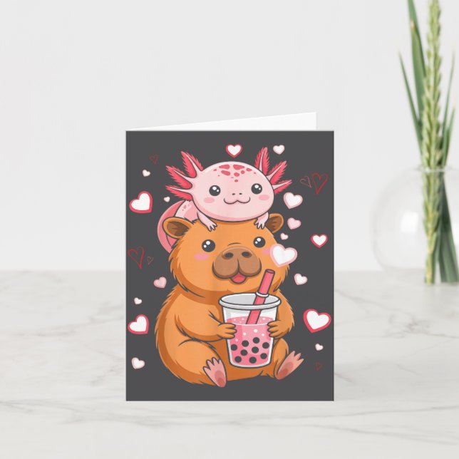 Tarjeta Cute Kawaii Axolotl Capybara Bubble Tea Boys Girls (Anverso)