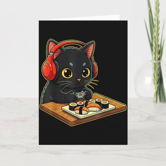 Tarjeta Cute Kawaii Black Cat Funny Sushi Retro Japanese C (Anverso)