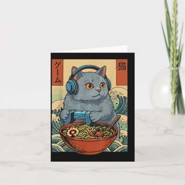 Tarjeta Cute Kawaii Gamer Cat Funny Ramen Retro Japanese C (Anverso)