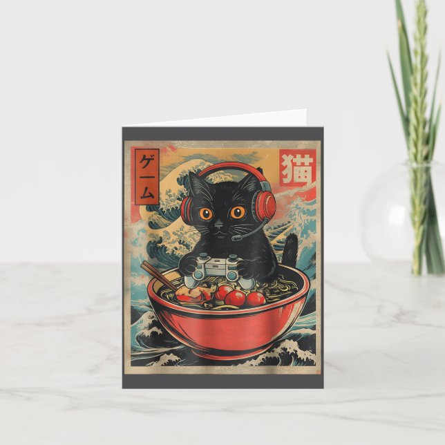 Tarjeta Cute Kawaii Gamer Cat Funny Ramen Retro Japanese C (Anverso)