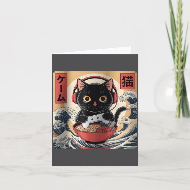 Tarjeta Cute Kawaii Gamer Cat Funny Ramen Retro Japanese C (Anverso)