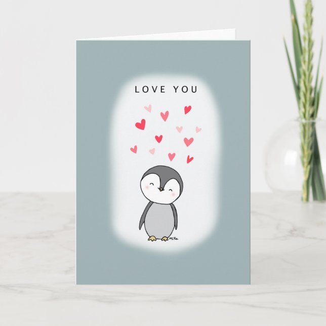 Tarjeta Cute Kawaii Penguin te ama San Valentín (Anverso)