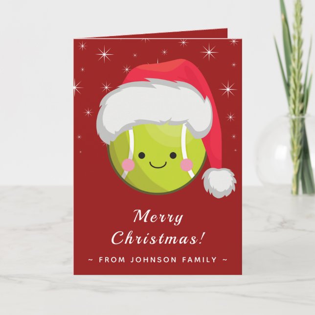 Tarjeta Cute Kawaii Santa Tennis Ball Xmas Sparkle Red (Anverso)