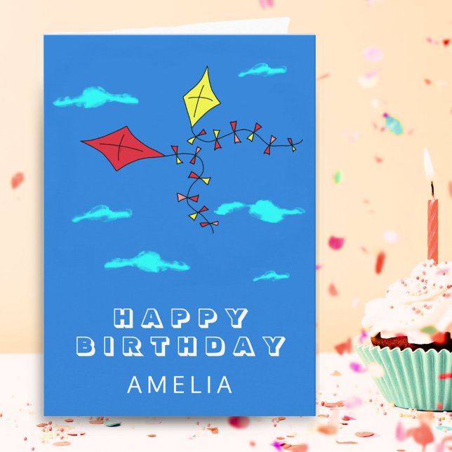 Tarjeta Cute Kites Rojo Amarillo con Nombre de Niños Cumpl (Subido por el creador)