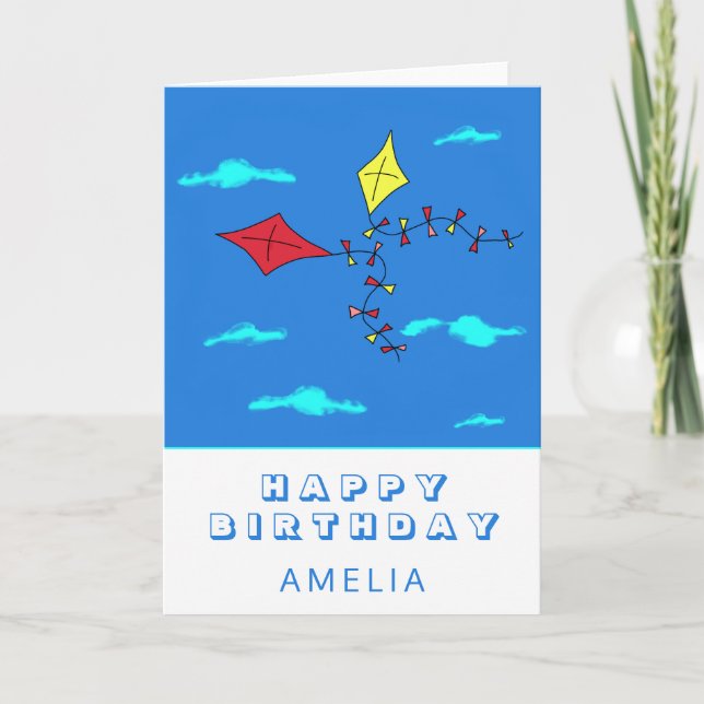 Tarjeta Cute Kites Rojo Amarillo con Nombre de Niños Cumpl (Anverso)