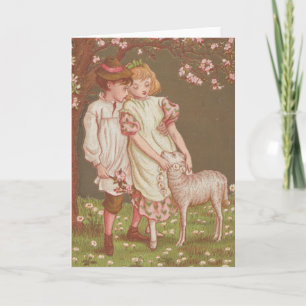 Tarjeta Cute Kitschy Vintage San Valentín, niños con corde