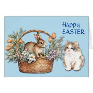 Tarjeta Cute Kitten y Bunny Basket Easter
