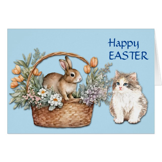 Tarjeta Cute Kitten y Bunny Basket Easter (Anverso (Horizontal))