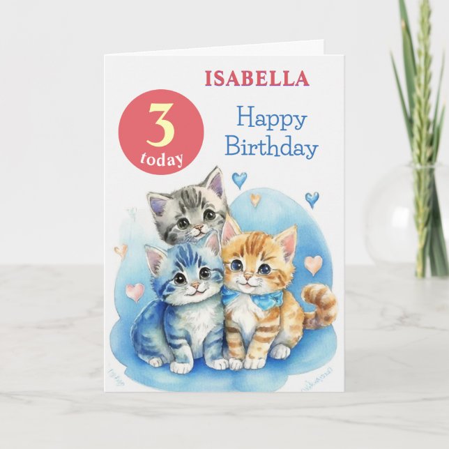Tarjeta Cute Kittens Nombre Personalizado Edad Niños Feliz (Anverso)