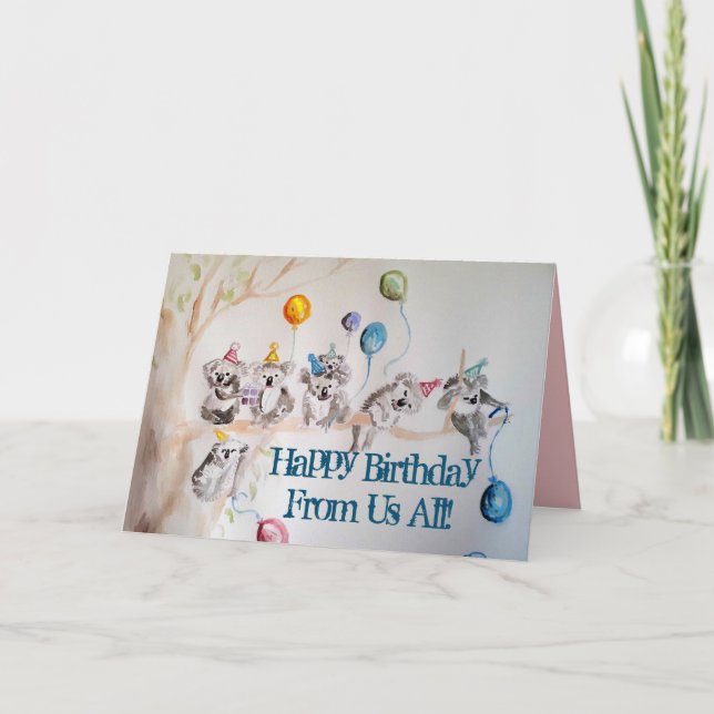 Tarjeta Cute Koala Group Feliz cumpleaños de todos nosotro (Anverso)