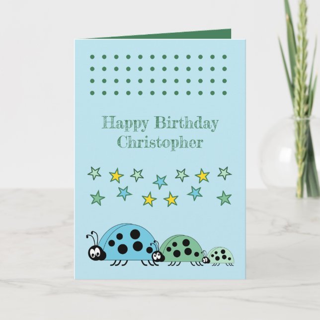 Tarjeta Cute ladybugs nombre estrellas niños azules cumple (Anverso)