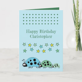 Tarjeta Cute ladybugs nombre estrellas niños azules cumple