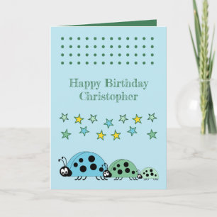 Tarjeta Cute ladybugs nombre estrellas niños azules cumple
