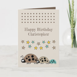 Tarjeta Cute ladybugs nombre estrellas niños marrones cump