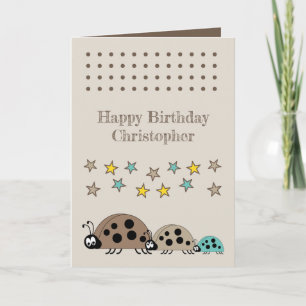 Tarjeta Cute ladybugs nombre estrellas niños marrones cump