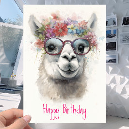 Tarjeta Cute Lama en gafas y flores - Divertido cumpleaños